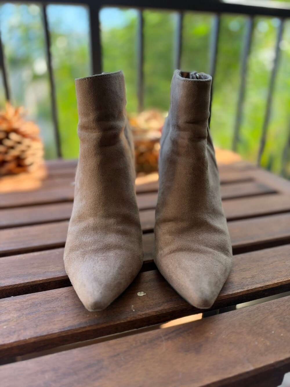 Taupe Faux Suede Pointed Toe Ankle Booties Block Heel Side Zip Size 7.5